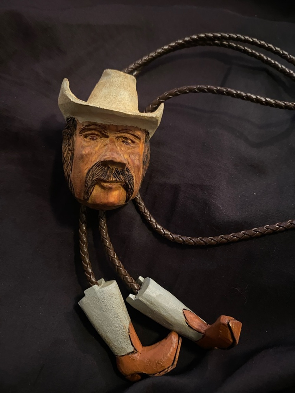 Men's Original Bolo Tie by Ellis Johnson with Carved Cowboy Head and Boot Tips
